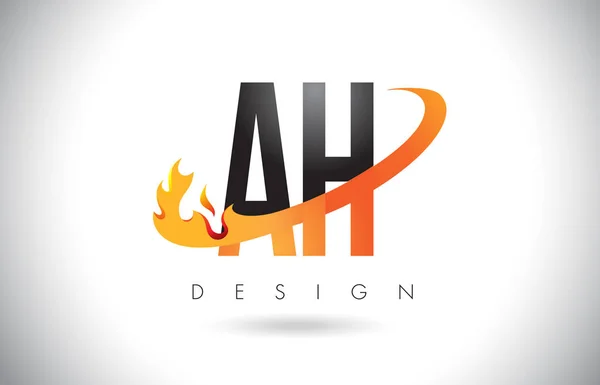 AH Un logotipo de la letra H con el diseño de llamas de fuego y Swoosh naranja . — Vector de stock