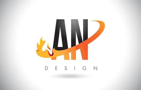 AN A N Logo lettera con fuoco fiamme Design e Swoosh arancione . — Vettoriale Stock