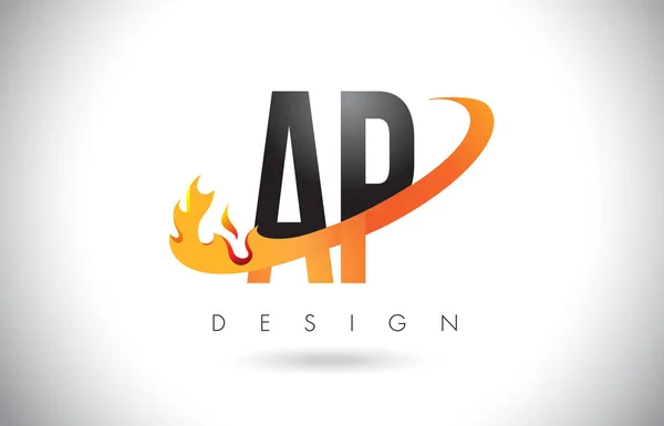 Logo de lettre AP A P avec conception de flammes de feu et swoosh orange . — Image vectorielle