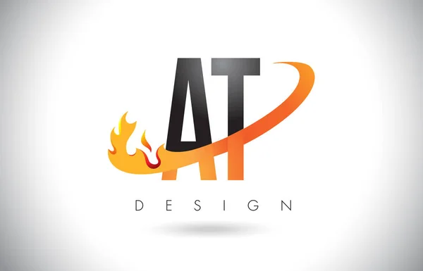 Logotipo de letra en T con diseño de llamas de fuego y swoosh naranja . — Vector de stock