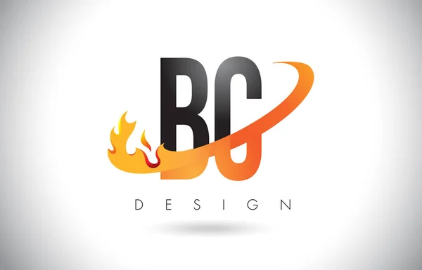 BC B C Letter Logo with Fire Flames Design and Orange Swoosh. — Stock Vector