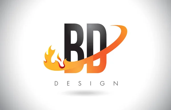 Bd B D 字母标志用火火焰设计和橙色旋风. — 图库矢量图片