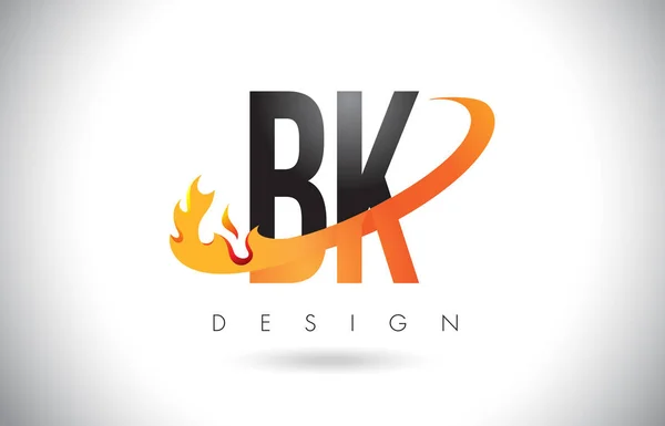Logo lettre BK B K avec design de flammes de feu et swoosh orange . — Image vectorielle