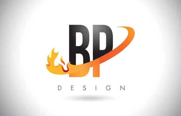 Bp b p letter logo mit feuerflammen design und orangefarbenem swoosh. — Stockvektor