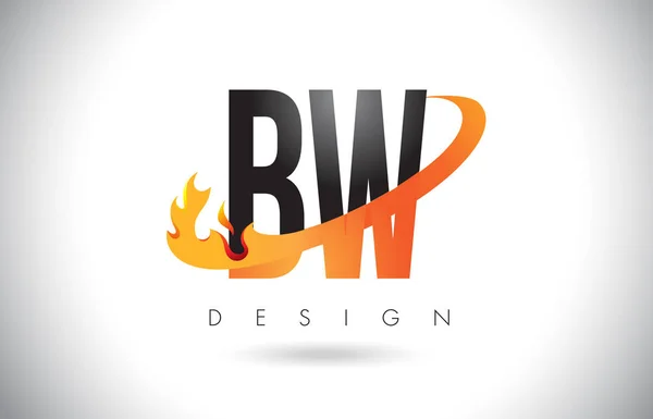 BW B W brief Logo met brand vlammen Design en oranje Swoosh. — Stockvector
