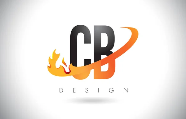 Logo de carta CB C B con diseño de llamas de fuego y swoosh naranja . — Vector de stock