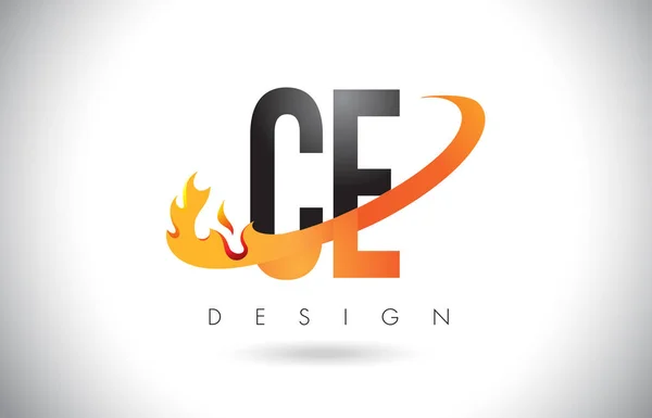 CE C E brief Logo met brand vlammen Design en oranje Swoosh. — Stockvector