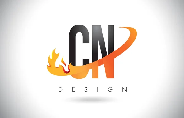 Logo de carta CN C N con diseño de llamas de fuego y swoosh naranja . — Vector de stock