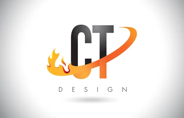 CT C T dopis Logo s ohněm plameny Design a oranžové Swoosh. — Stockový vektor