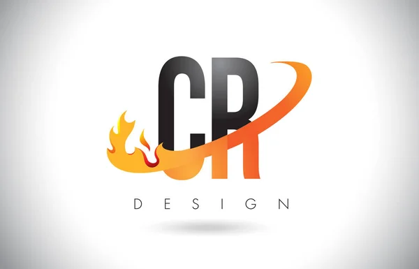 Logo carta CR C R con diseño de llamas de fuego y Swoosh naranja . — Vector de stock