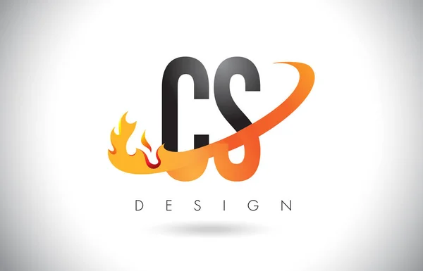 Logotipo de letra CS C S com fogo chama design e laranja Swoosh . — Vetor de Stock