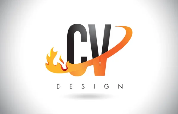CV C V brief Logo met brand vlammen Design en oranje Swoosh. — Stockvector
