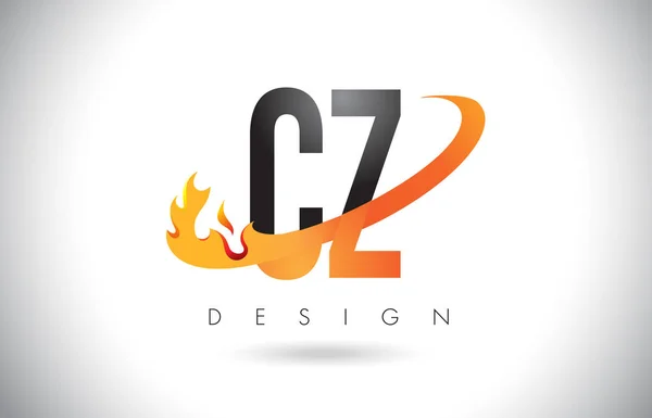 CZ C Z Letter Fire Flames Design and Orange Swoosh . — стоковый вектор