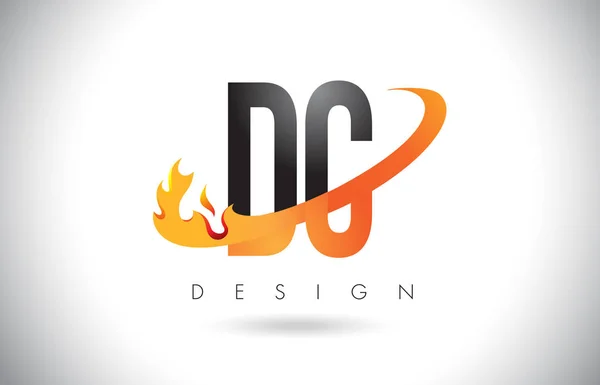 DC D C letra logotipo com fogo chama design e laranja Swoosh . — Vetor de Stock