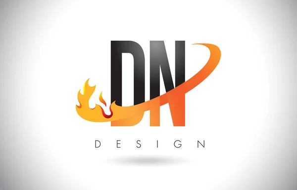 DN D N Logo lettre avec conception de flammes de feu et swoosh orange . — Image vectorielle