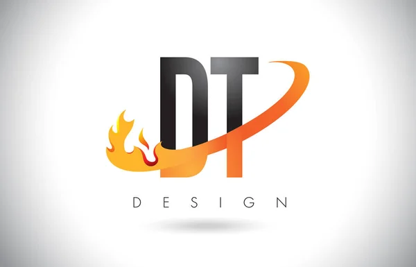 Логотип dt D T лист з вогнем вигадки дизайн і помаранчевий галочка. — стоковий вектор