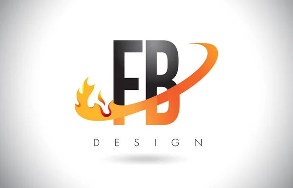 Fb f b letter logo mit feuerflammen design und orangefarbenem swoosh. — Stockvektor