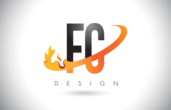 Fc f c letter logo mit feuerflammen design und orangefarbenem swoosh. — Stockvektor