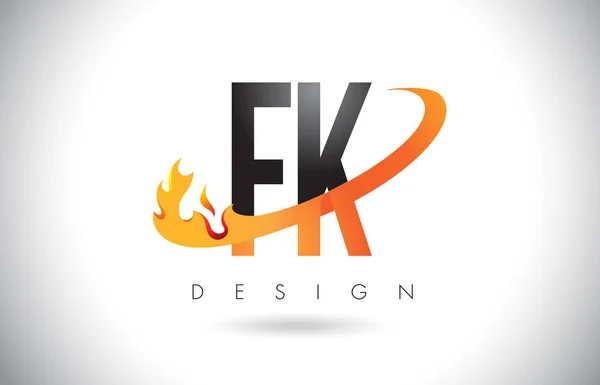 Logo lettre FK F K avec conception de flammes de feu et swoosh orange . — Image vectorielle