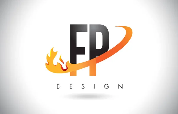 FP F P lettre logo avec la conception des flammes de feu et orange Swoosh . — Image vectorielle