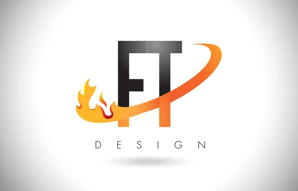 Logo de letra FT F T con diseño de llamas de fuego y swoosh naranja . — Vector de stock