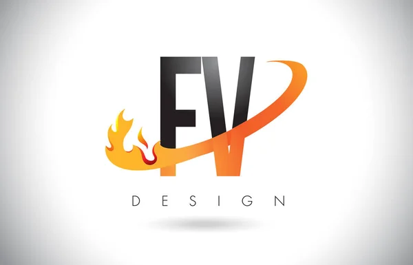 Logotipo de letra FV F V com fogo chama design e laranja Swoosh . — Vetor de Stock