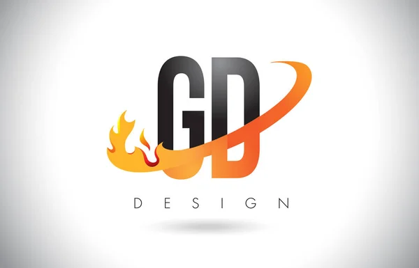 Logotipo de letra GD G D com fogo chama design e laranja Swoosh . — Vetor de Stock