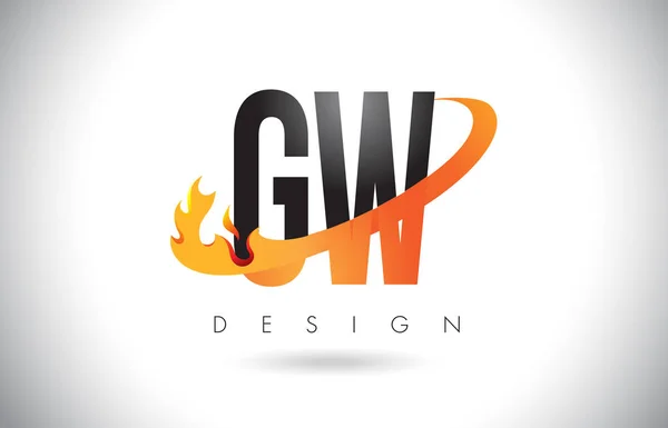 Logo de letra GW G W con diseño de llamas de fuego y swoosh naranja . — Vector de stock