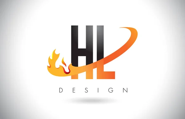 Logo della lettera di HL H L con progettazione delle fiamme di fuoco e Swoosh arancione . — Vettoriale Stock
