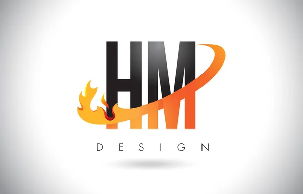 Logo lettre HM H M avec conception de flammes de feu et swoosh orange . — Image vectorielle