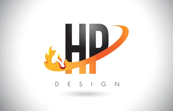 HP H P betű logó tűz lángok Design és a narancs Swoosh. — Stock Vector