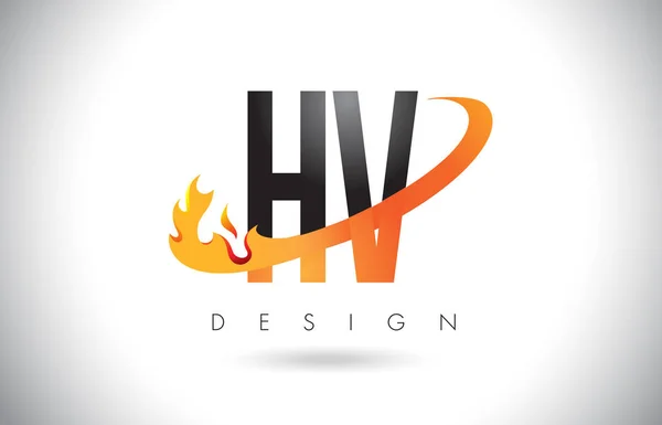 HV H V brief Logo met brand vlammen Design en oranje Swoosh. — Stockvector