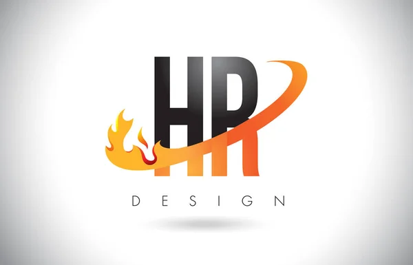 Hr h r Brief-Logo mit Feuerflammen-Design und orangefarbenem Swoosh. — Stockvektor