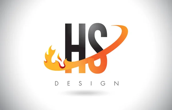 Hs h Buchstaben-Logo mit Feuerflammen-Design und orangefarbenem Swoosh. — Stockvektor