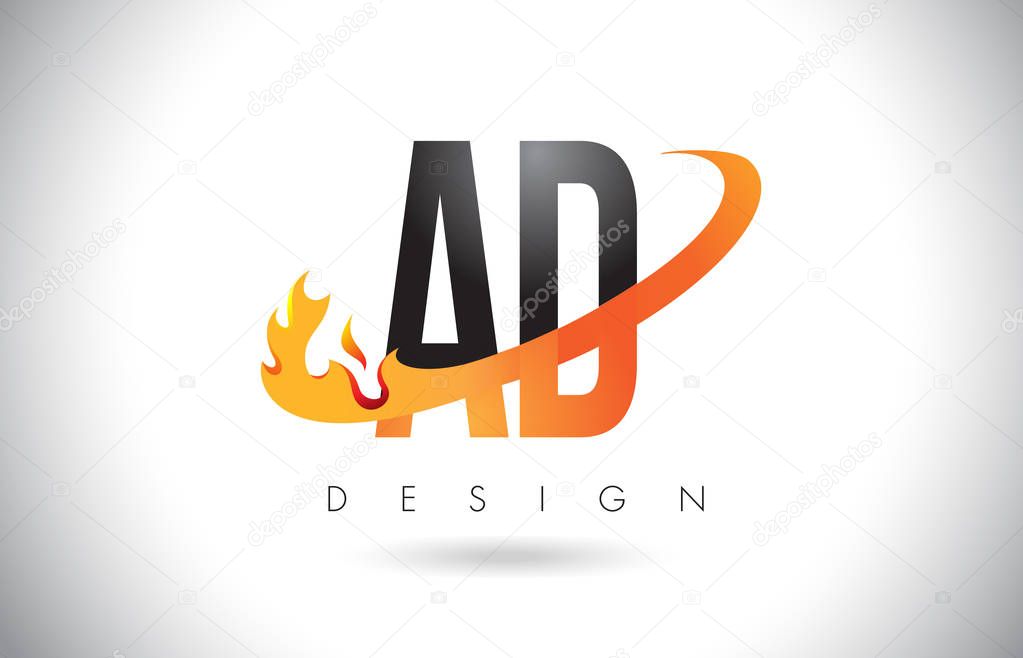 AD A D Letter Logo Design with Fire Flames and Orange Swoosh Vector Illustration.