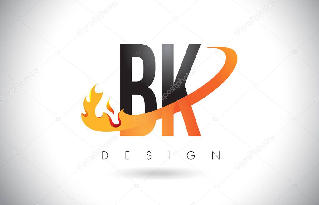 BK B K Letter Logo Design with Fire Flames and Orange Swoosh Vector Illustration.