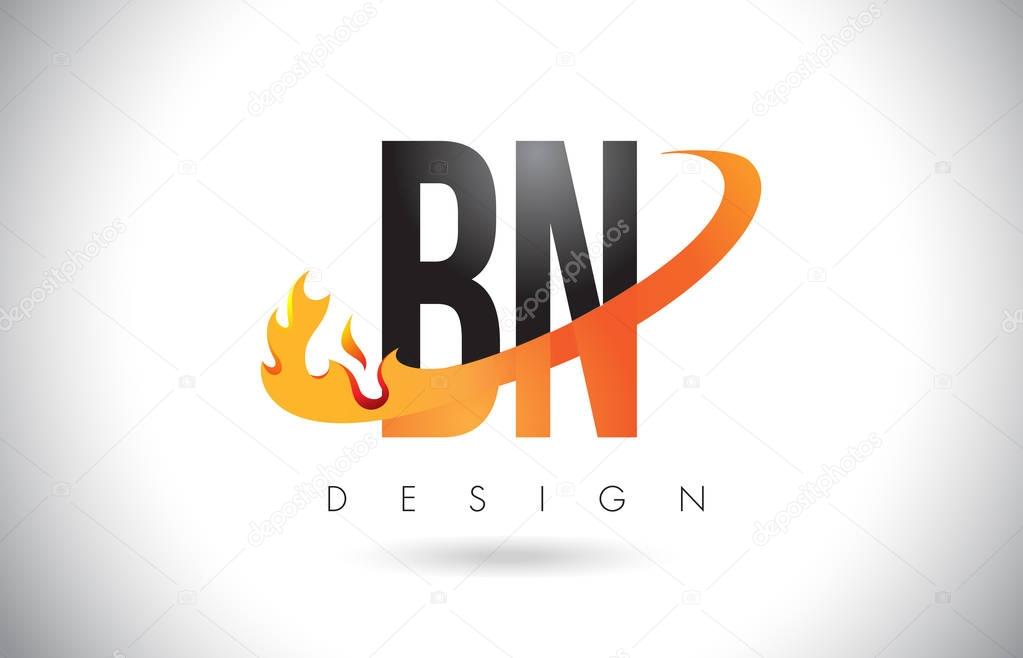 BN B N Letter Logo Design with Fire Flames and Orange Swoosh Vector Illustration.