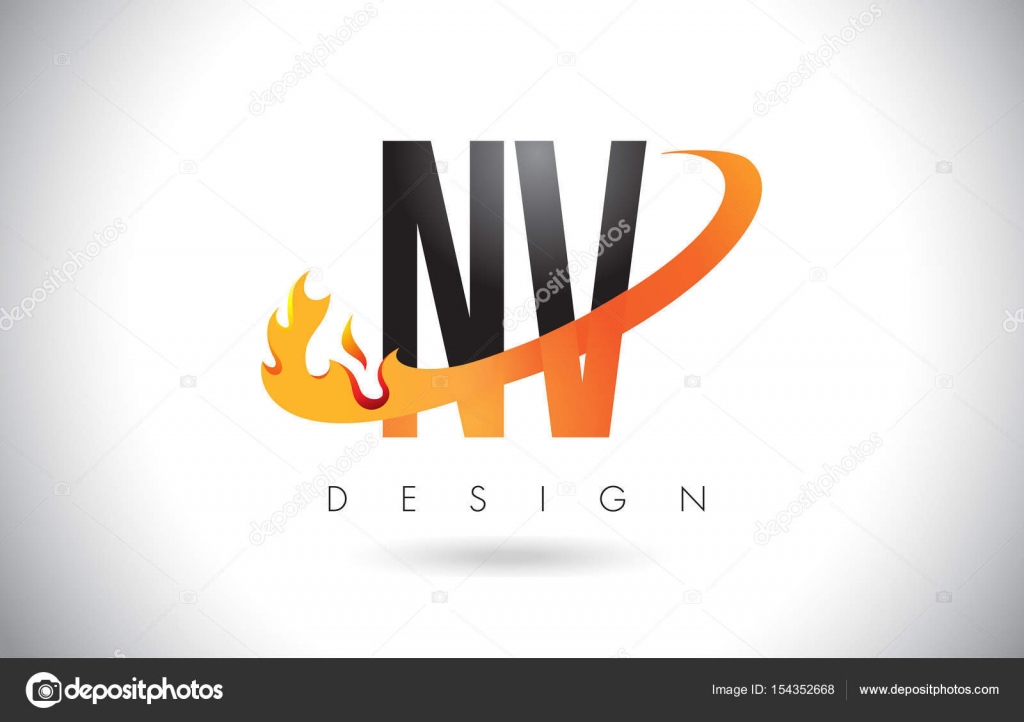 Logotipo De Carta Nv N V Con Diseno De Llamas De Fuego Y Swoosh Naranja Vector De Stock C Twindesigner