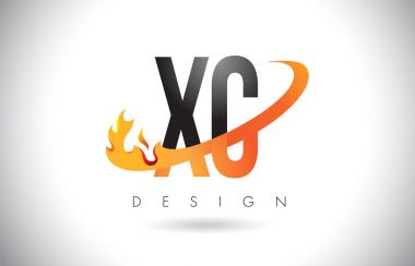 Ateşle XC X C harfi Logo Tasarım alevler ve turuncu Swoosh.