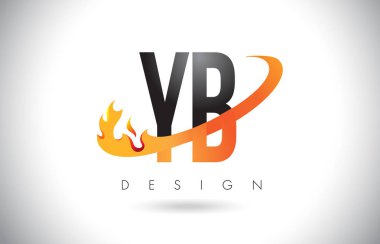 Ateşle YB Y B harfi Logo Tasarım alevler ve turuncu Swoosh.