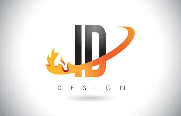 Logotipo de letra ID I D con diseño de llamas de fuego y swoosh naranja . — Archivo Imágenes Vectoriales