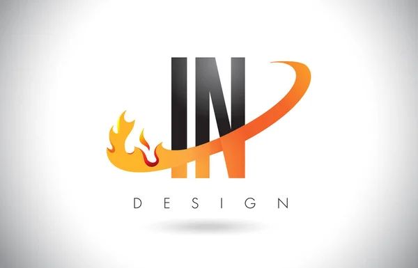 IN I N Letter Logo with Fire Flames Design and Orange Swoosh. — Stock Vector