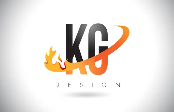Logotipo de letra KG K G con diseño de llamas de fuego y swoosh naranja . — Vector de stock
