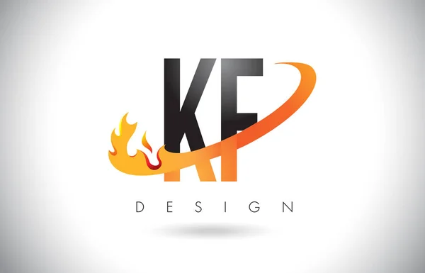 Ateşle KF K F harf Logo Tasarım alevler ve turuncu Swoosh. — Stok Vektör