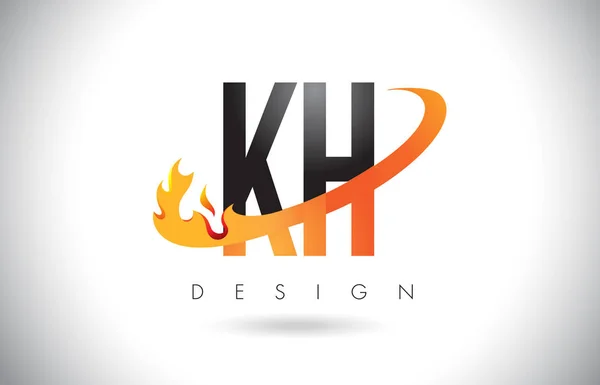 Písmeno H KH K Logo s ohněm plameny Design a oranžové Swoosh. — Stockový vektor