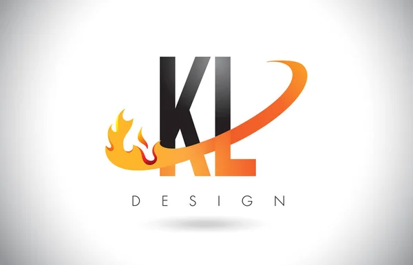 Logotipo de letra KL K L con diseño de llamas de fuego y swoosh naranja . — Vector de stock