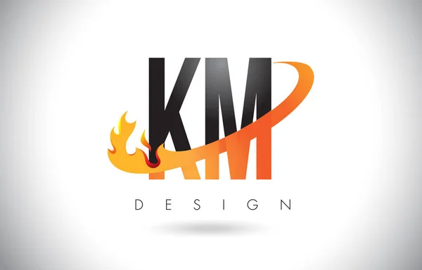 Logo della lettera KM K M con progettazione di fiamme di fuoco e Swoosh arancione . — Vettoriale Stock