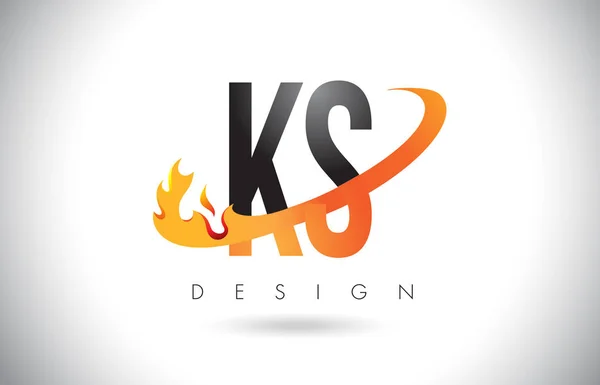 KS K S Letter Logo with Fire Flames Design and Orange Swoosh. — Stock Vector