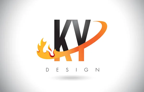 KY K Y letra logotipo com fogo chama design e laranja Swoosh . — Vetor de Stock