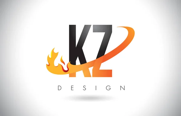 KZ K Z Letter Logo with Fire Flames Design and Orange Swoosh. — Stock Vector